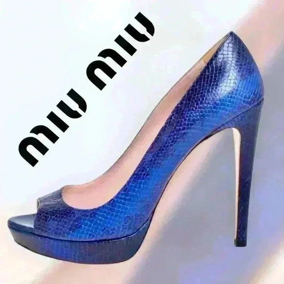 MIU MIU Blue Python Embossed Leather Peep Toe Platform Pumps - Picture 1 of 15